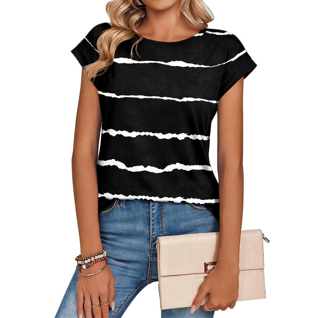 Women's Loose-Fit Fashionable Casual Vintage Print Cap-Sleeve T-Shirt Top