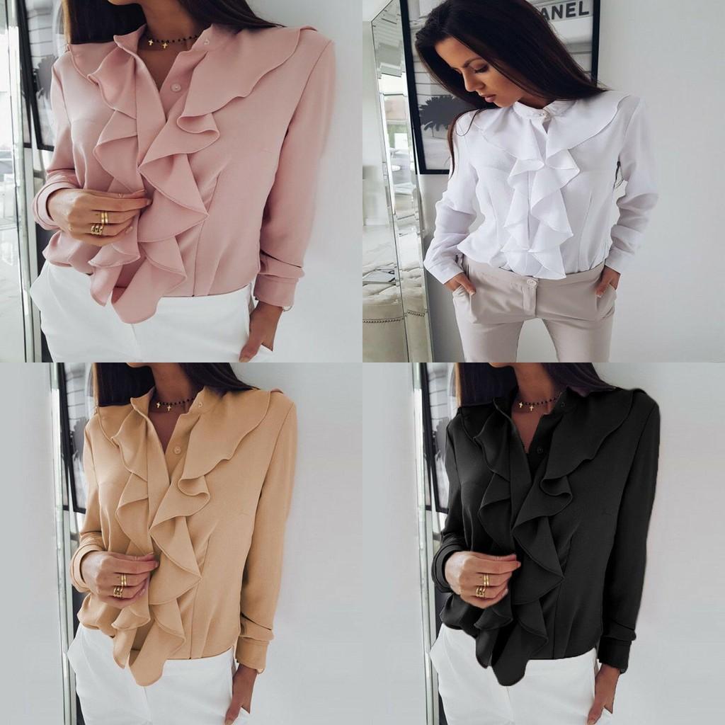 Elegant Womens Ruffle Summer Long Sleeve Solid Plain Blouse Shirt For Office Wear
