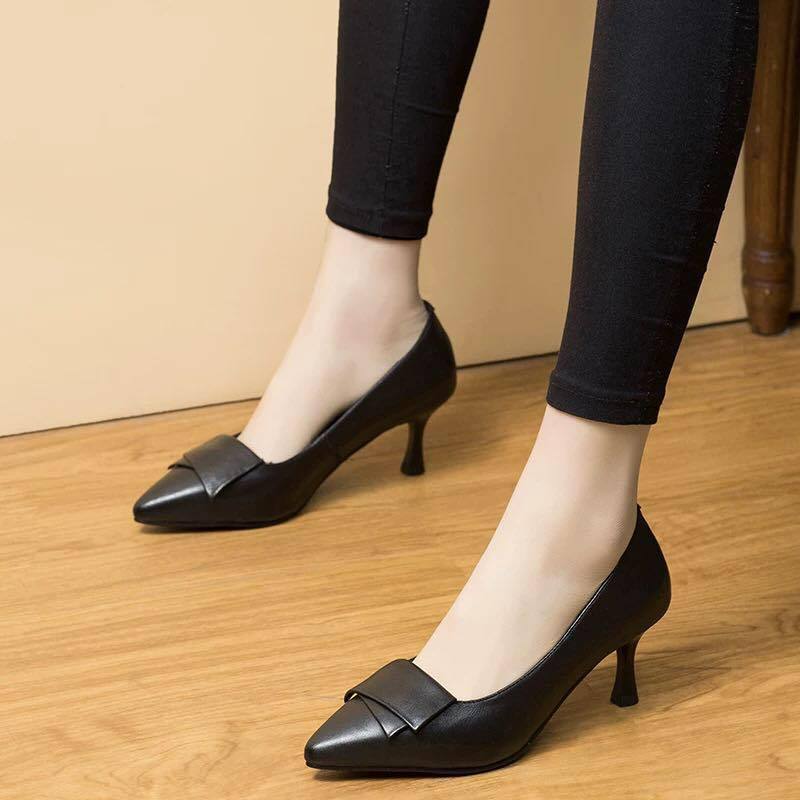 Dámské boty z pravé kůže Lodičky s špičatou špičkou Vysoké podpatky Mělké Módní Černé Pracovní boty Dámské Společenské boty Nadměrná velikost 33-40