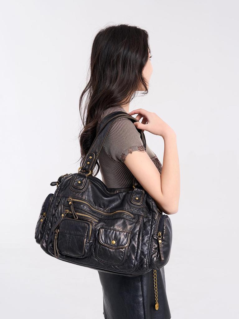 Women's Y2K Washed Distressed Large Motorcycle Shoulder/Crossbody Handbag