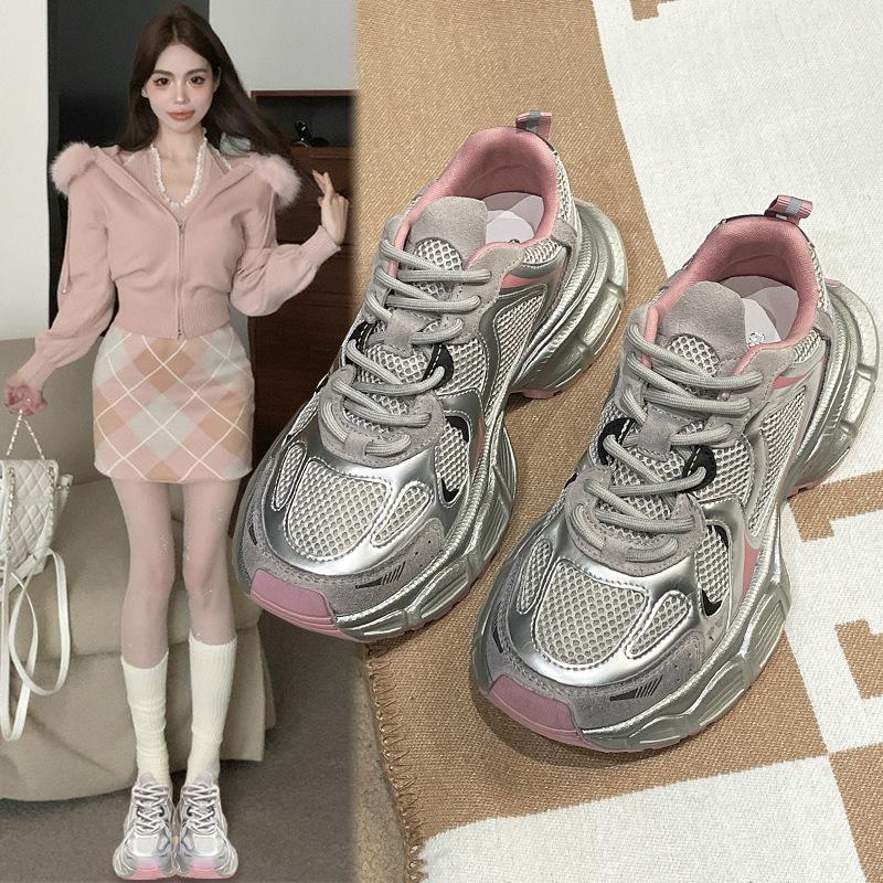 Leather thick-soled heightening dad shoes for women's spring 2025 new silver breathable and lightweight casual sports shoes for children