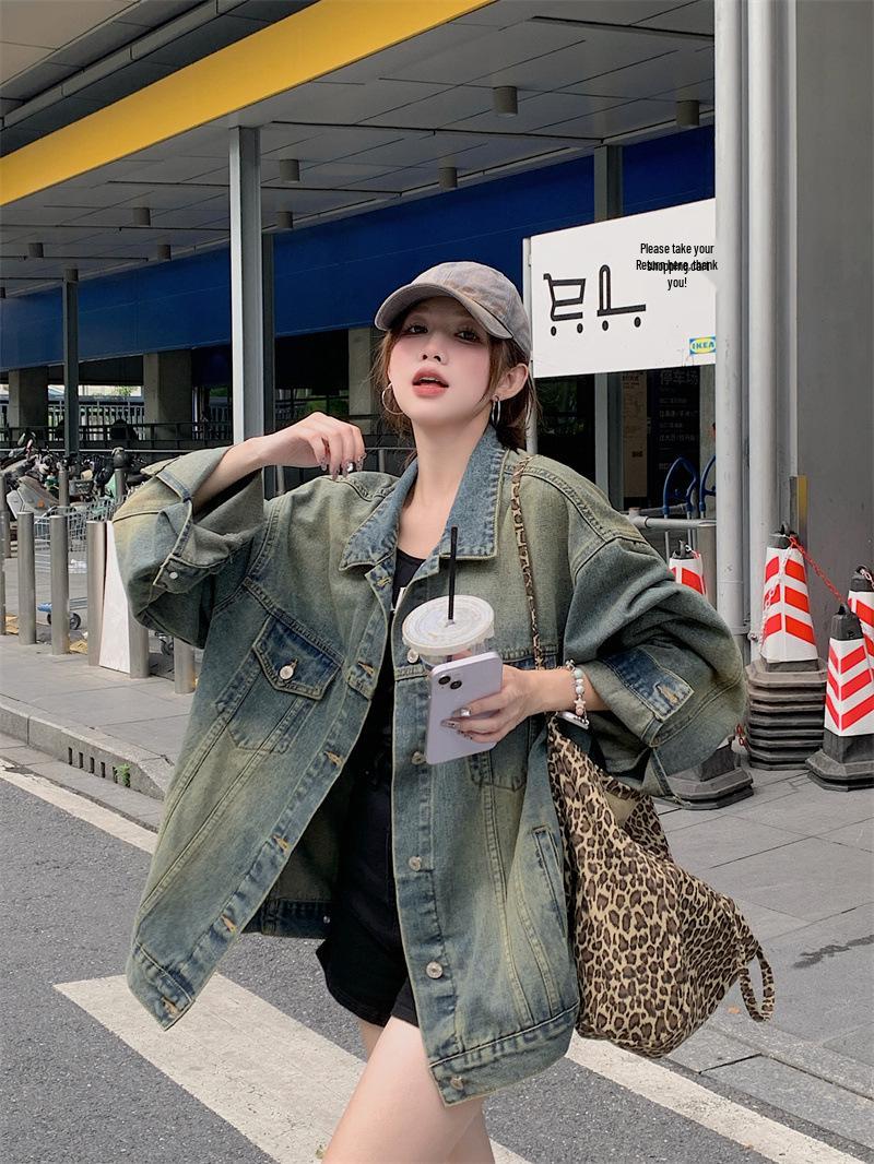 

Women s Washed Retro American Denim Jacket - Trendy High Street Style, Unisex, Versatile for Spring & Autumn 2025, Korean-Inspired. Small