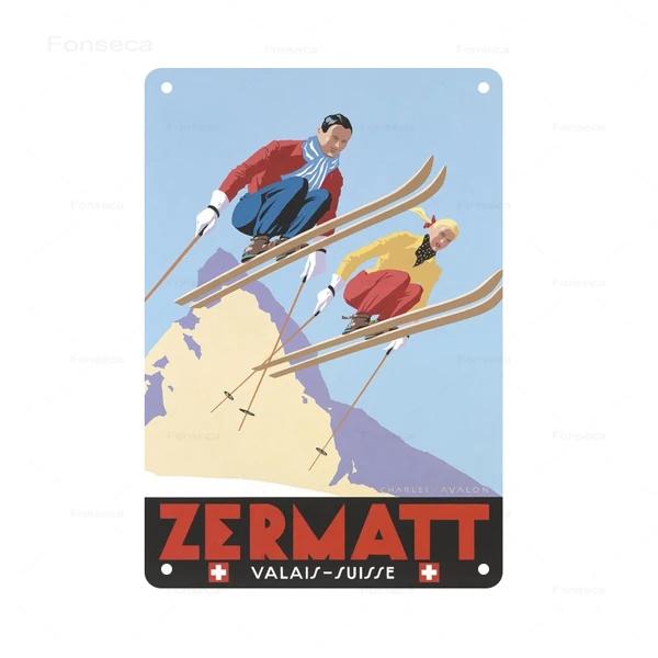 Retro Ski Resort Metal Sign St Anton Kitzbuhel Avoriaz Winter Landscape Home Bar Club Hotel Wall Decor Tin Plaque XCm