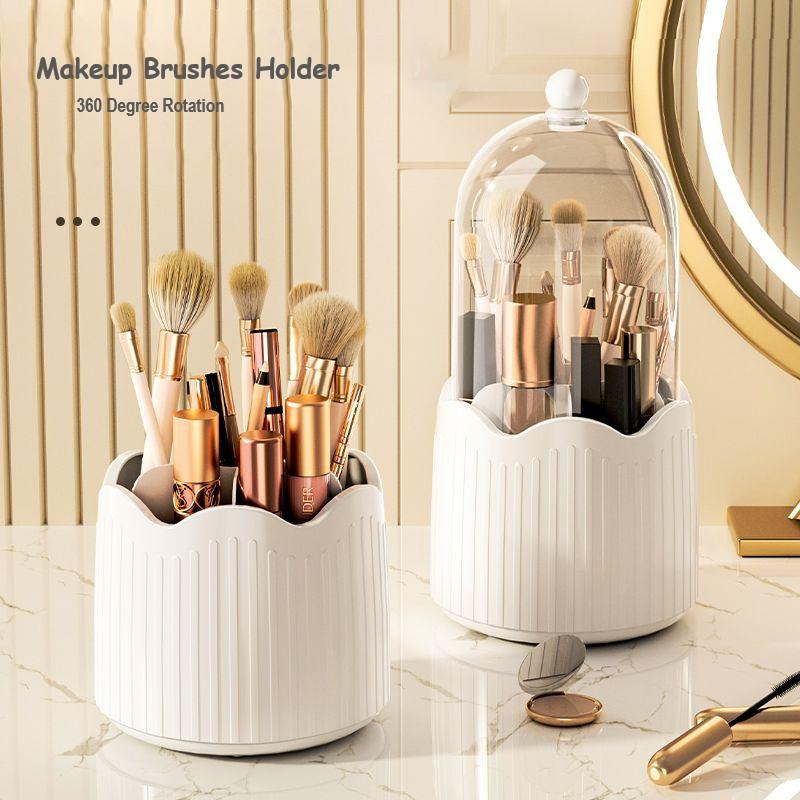 Porte-brosse de maquillage rotatif à 360 degrés, organisateur de cosmétiques avec couvercle pour vanité, porte-stylo multifonctionnel, boîte de rangement de rouge à lèvres