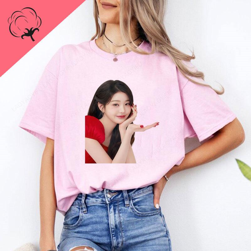 Korea Famous Star Jang Wonyoung Portrait Fans Shirt Trendy Casual Popular Fashion Pure Cotton Short Sleeve Camisa Y2k Clothes
