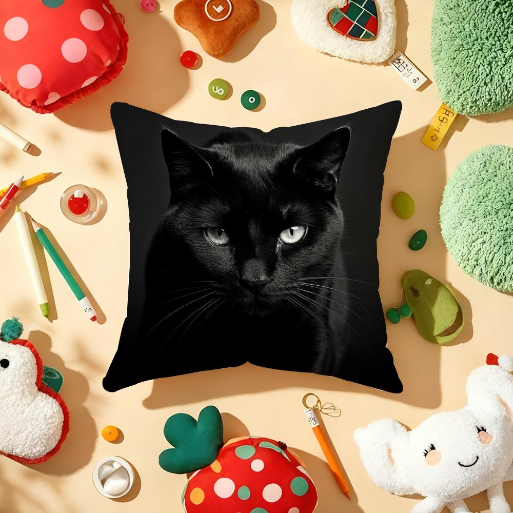 Black Cat Cute Kitty Cushion Cover Plush Fabric Soft Double-Sided Printed Sofa Warm Winter Home Gift Pillow Cover