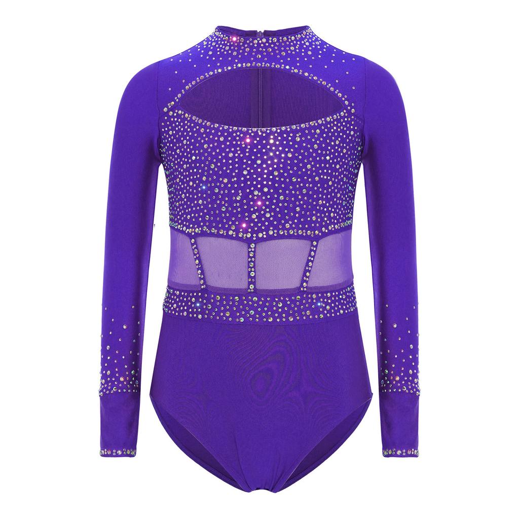 Leotardo de Gimnasia para Niñas Brillante con Pedrería, Manga Larga, Cremallera Trasera Invisible, Escote Delantero, Body de Escenario
