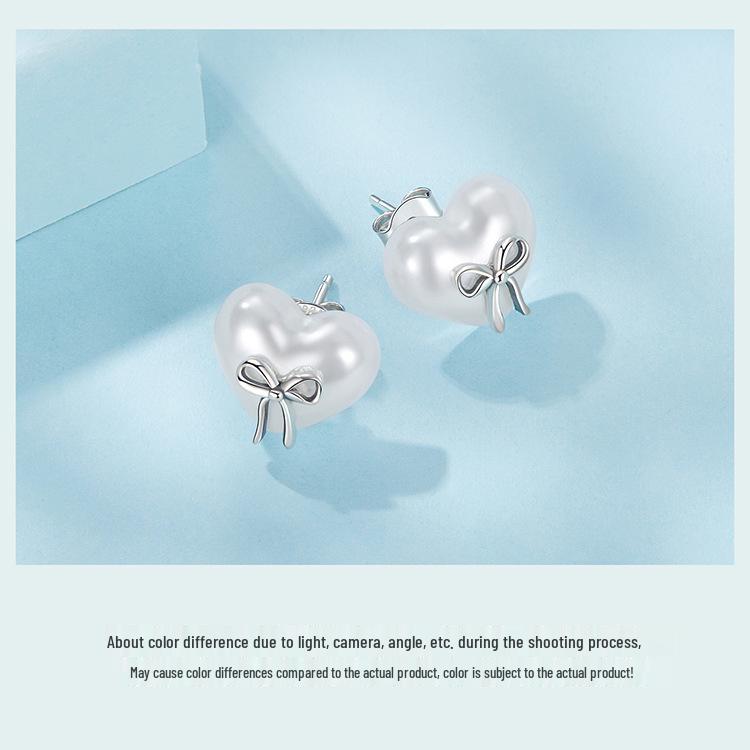 Aifle Simple Versatile S925 Sterling Silver Heart Bow Earrings for Women, Platinum-Plated, Heart-Shaped, Perfect for Commuting