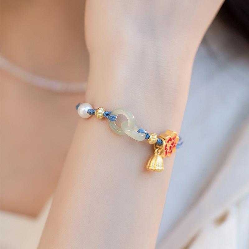Ethnic Style Flower Lotus Jade Pearl Braided Bracelets Adjustable Woven Bracelet For Women  Jewelry Accessories