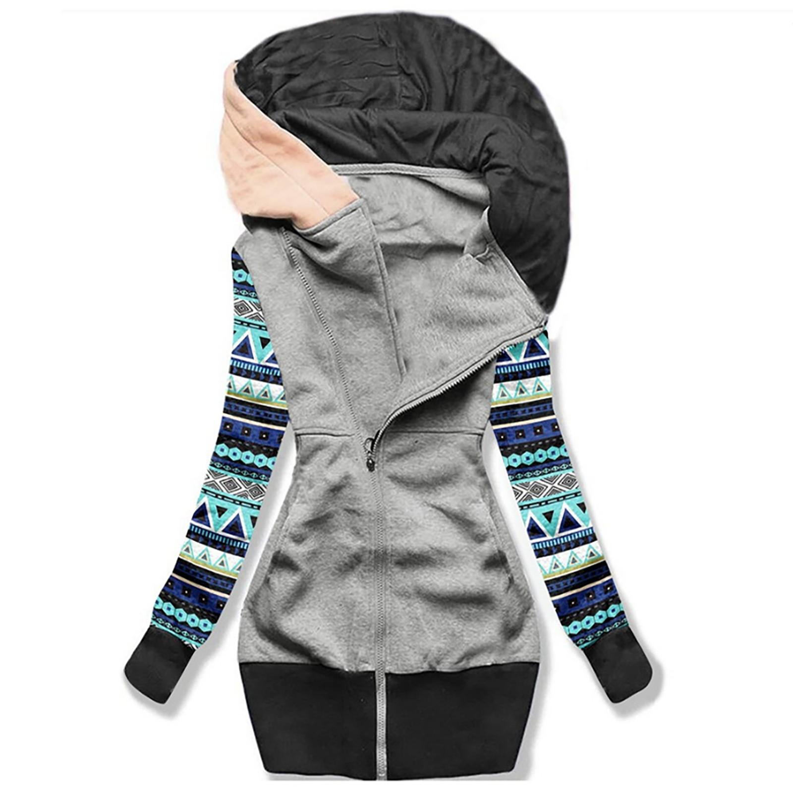 

Women s Casual Hooded Zip Colorblock Printed Waist Sweatshirt Top Jacket XXL синій