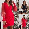 Herbst Winter Mode Überkreuz V-Ausschnitt Spitze Langarm Hüftbetontes Taillenkleid Damen Elegant Locker Slim Fit Partykleider Freizeitkleidung