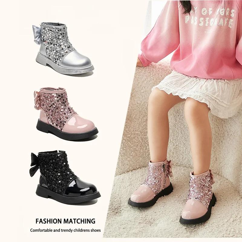 2024 Children Short Boots for Girls Autuumn Winter New Fashion Korean Style Princess Bowtie Party Outside Versatile Leather Shoe