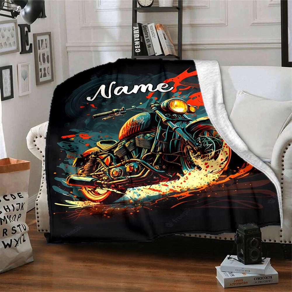 Motorcycle Flames Personalized Name Blanket With Customizable Name Four Seasons Comfortable Shawl Blanket Suitable For Home Travel Camping Office