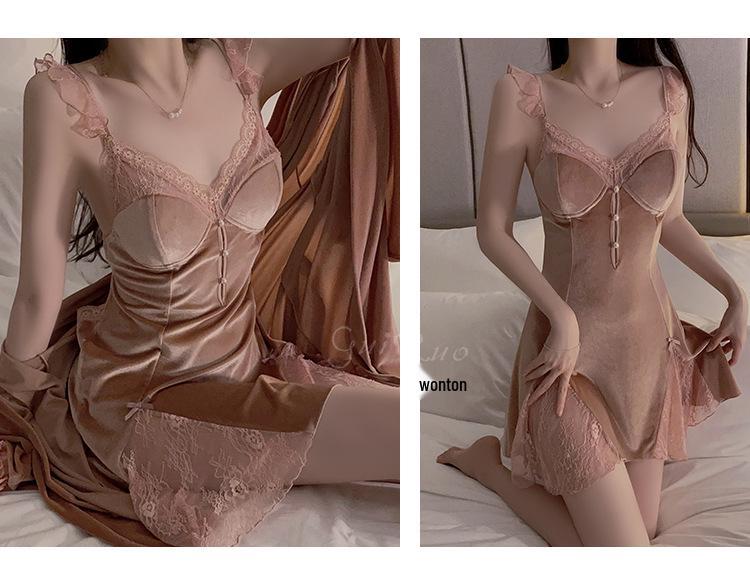 Gorgeous Lace See-Through Deep V Velvet Nightgown & Robe Set with Padding - Sweet Temptation 3908