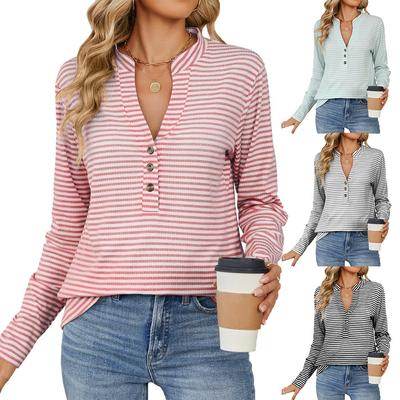 Herbst und Winter Bequemes V-Ausschnitt Knopfleiste Gestreiftes Langarm Casual T-Shirt Tops Damen Pullover HoodiesElegant und Modisch