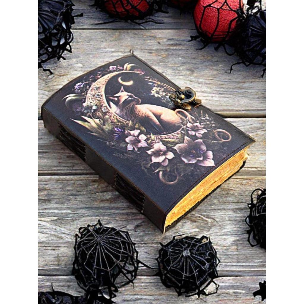Handmade Magic Cat Leather Journal: Deckle Paper Blank Spell Book Celestial Leather Journal Book of Shadows Witchcraft Gift Witches Journal