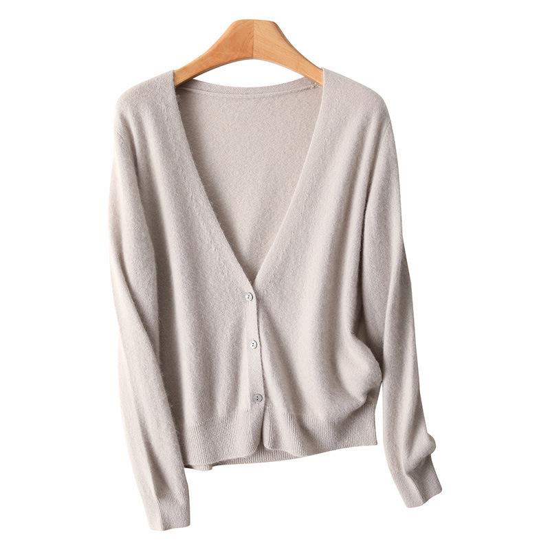 Women's V-neck Wool Knit Cardigan - Autumn/Winter Solid Color, Long Sleeve, Loose Fit Sweater.