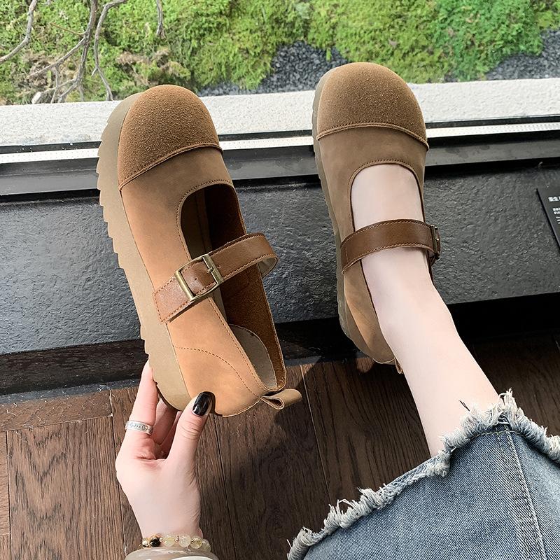 Retro Flat Comfortable Casual Shoes Women Soft Bottom Frosted Patchwork Casual Shallow Mouth Mary Jane Shoes Zapatos De Mujer