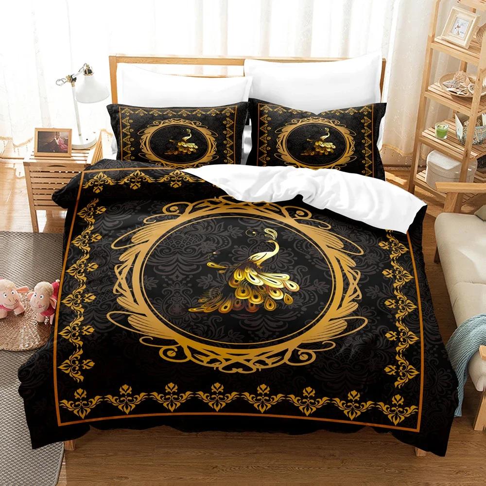 

Gold Luxury Bedding Set King Bedclothes Peafowl Duvet Cover +Pillowcases 100% Bamboo Fiber Bedroom Set Sheet 2-3 Pcs Dropship EU Single(135*200cm)3pcs