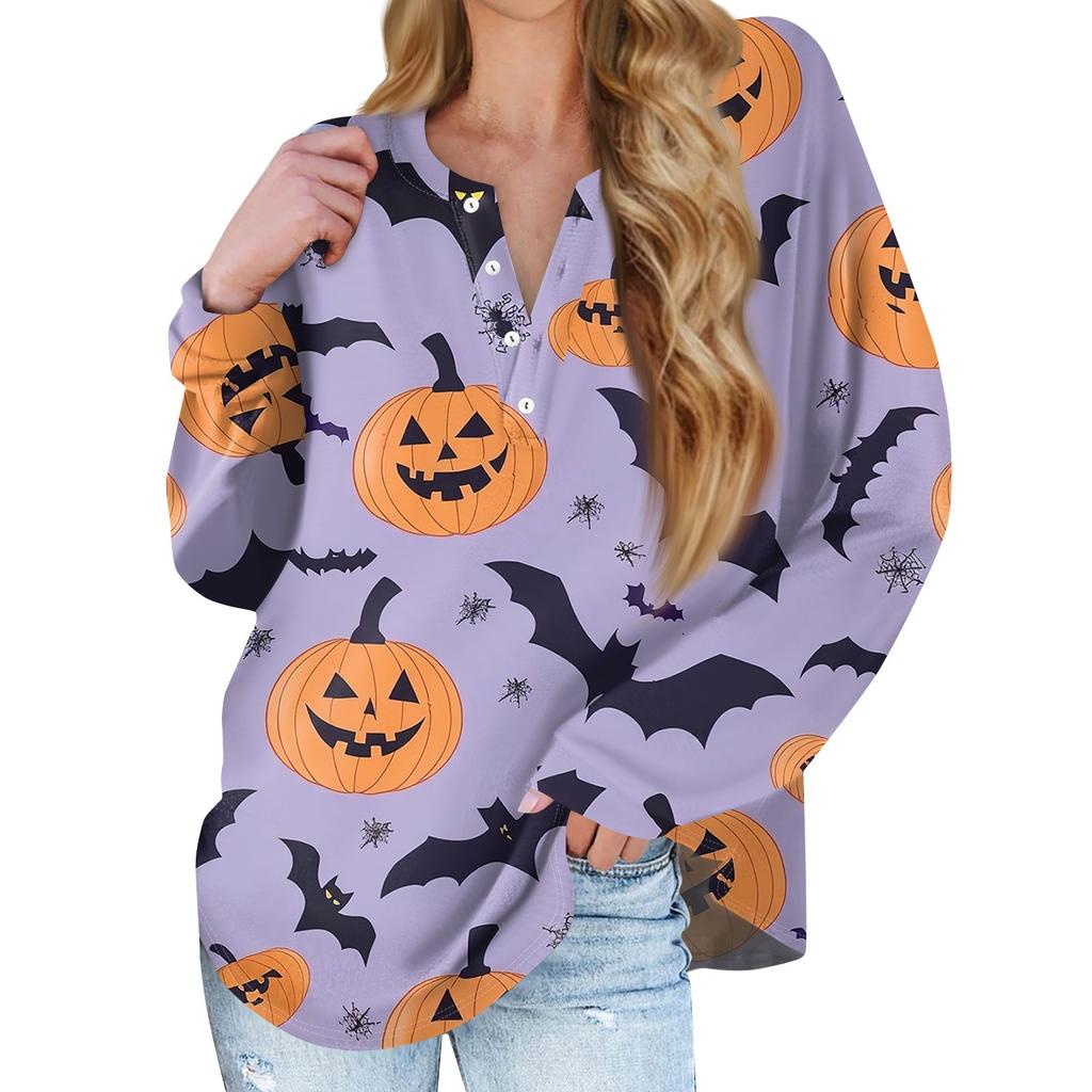 Dam Ny Knappkrage Mode Tryckt Långärmad T-shirt Slim Topp Casual Toppar