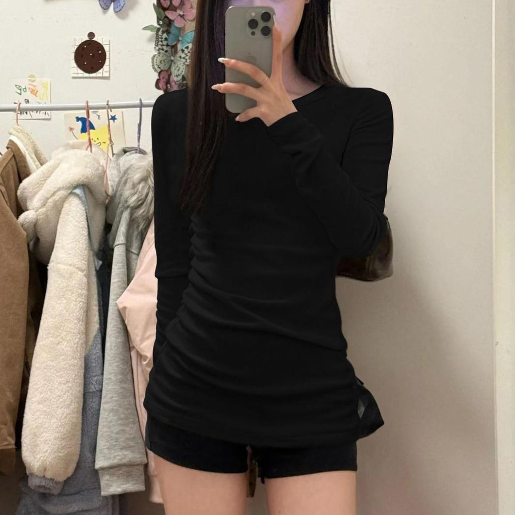 Women's White Mid-Length Long-Sleeve Slim-Fit Cotton Base Layer T-shirt, 2025 New Autumn/Winter Style