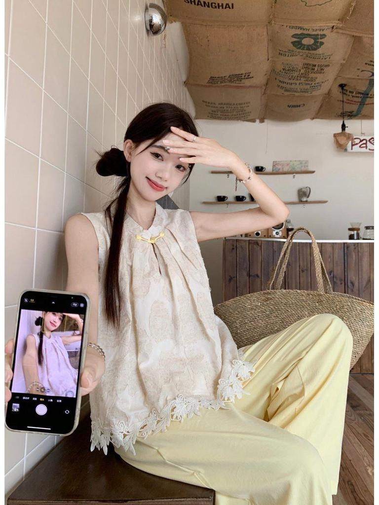 Women's Ethnic-Style Frog Button Crochet Top & Wide-Leg Pants Set - Summer 2026 Retro Fashion
