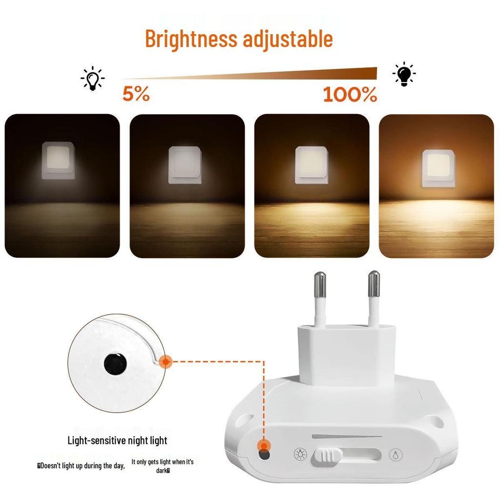 Warm White Plug-in LED Night Light with Light Sensor & Stepless Dimming (110-240V, EU/UK/AU)
