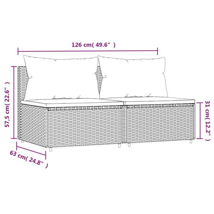 VidaXL Canapés centraux de jardin et coussins 2pcs Noir Résine tressée, canapé, canapé de jardin, canapé central sectionnel, 319802