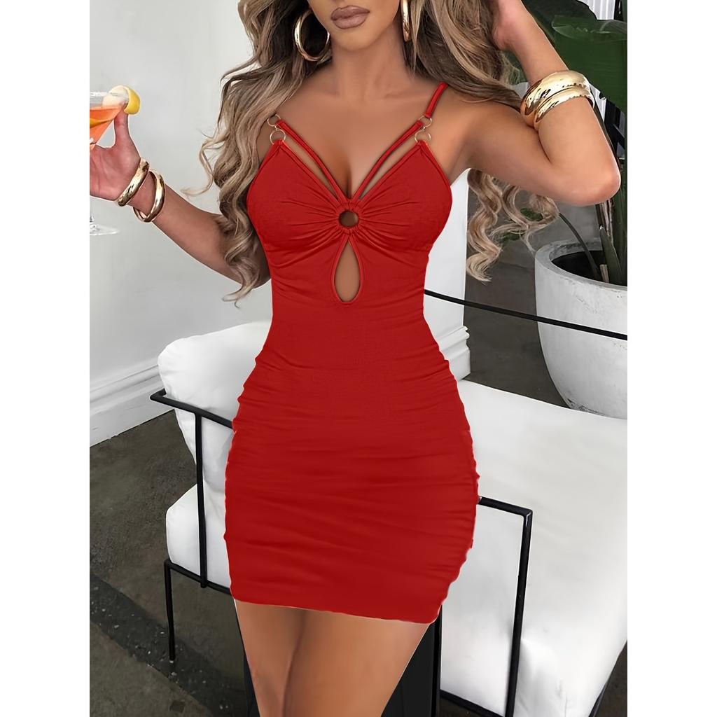 Women's Elegant Sexy Sleeveless V-Neck Cutout Bodycon Slim Fit Party Dress for European American