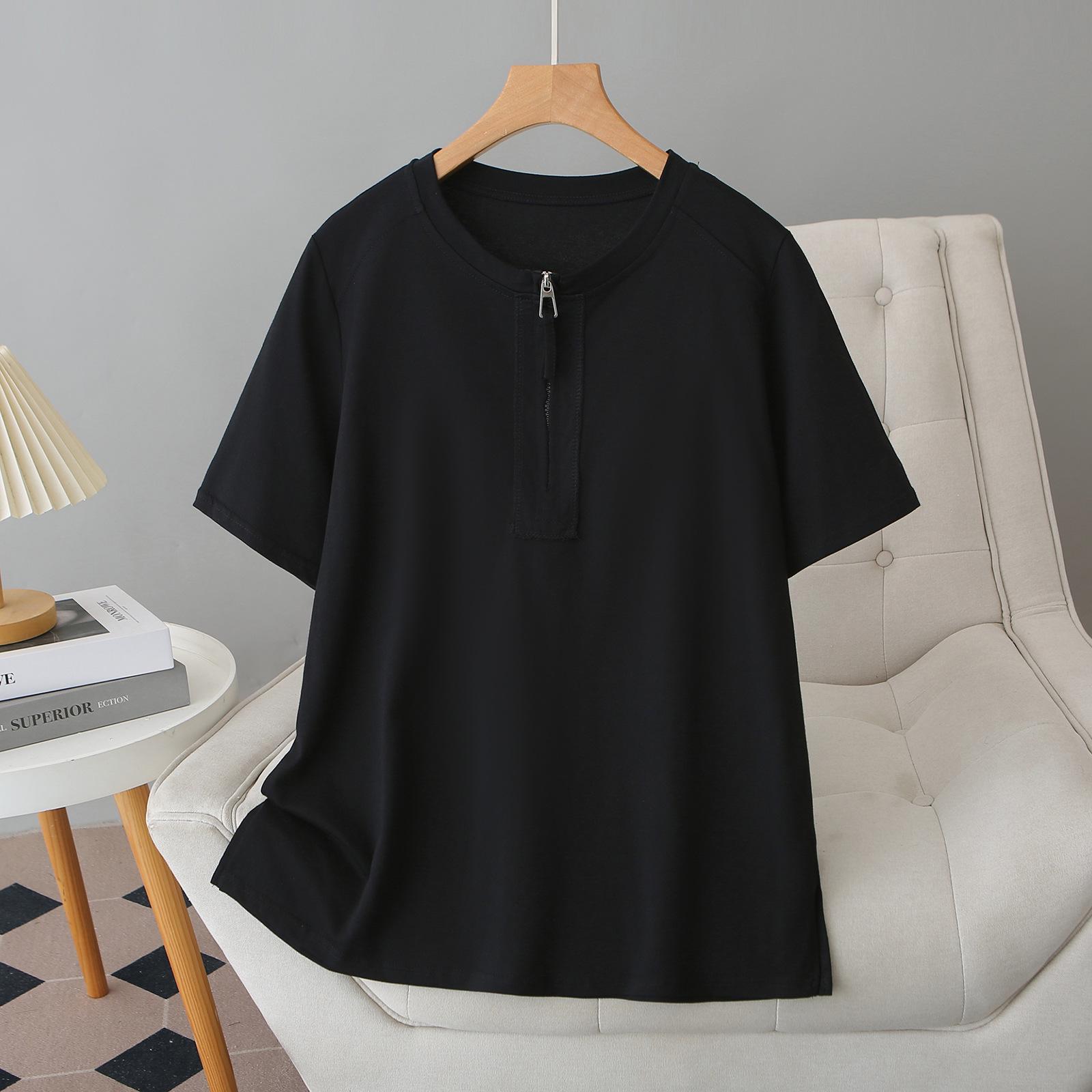 

Plus Size Zippered Short Sleeve Women s Solid Color Cotton T-shirt - Summer 2026 Slimming Versatile Top for Fuller Figures XL чорний