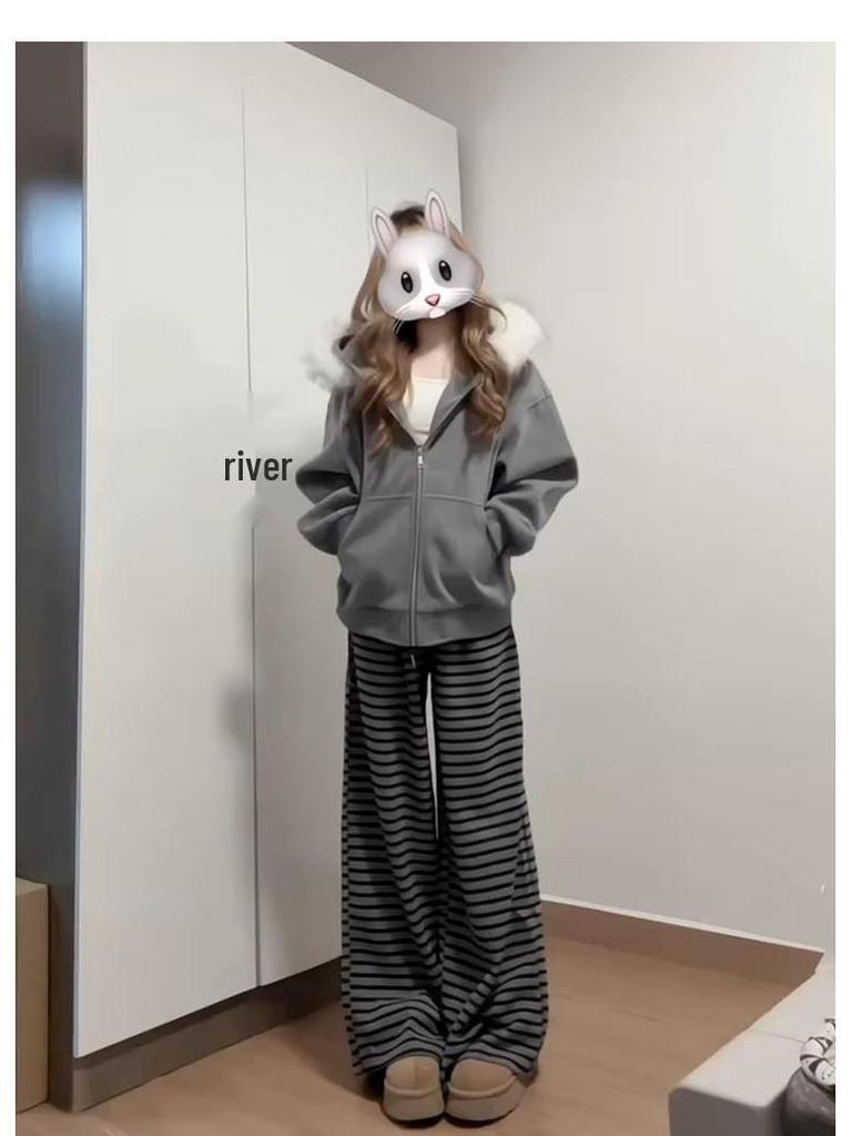 145 Striped Sticky Rice Pants for Women - Autumn/Winter 2026 Collection - Short Height, Thickened Casual Pants for a Visually Taller Look
