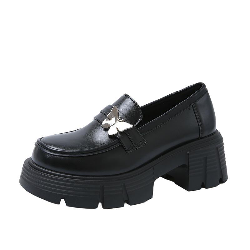 Thick-soled heightening women's spring new black small leather shoes, one-pedal single shoes women