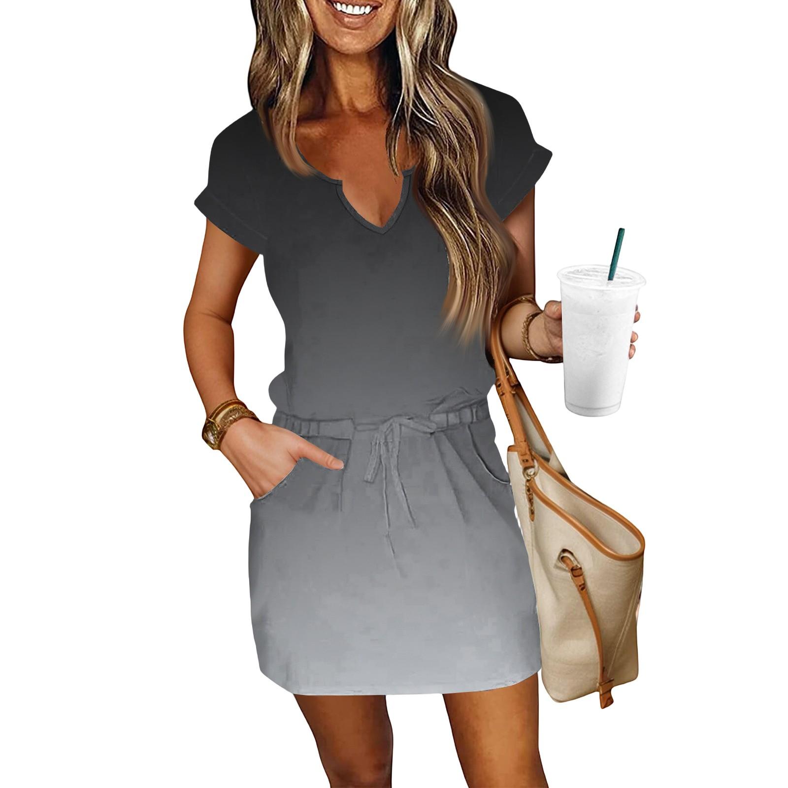 

Women s Summer V-Neck Short Sleeve Drawstring With Pockets Gradient Casual Dresses S