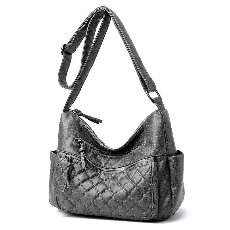 

Soft leather bag retro bag large capacity embroidered multi-layer versatile shoulder messenger women s bag серый