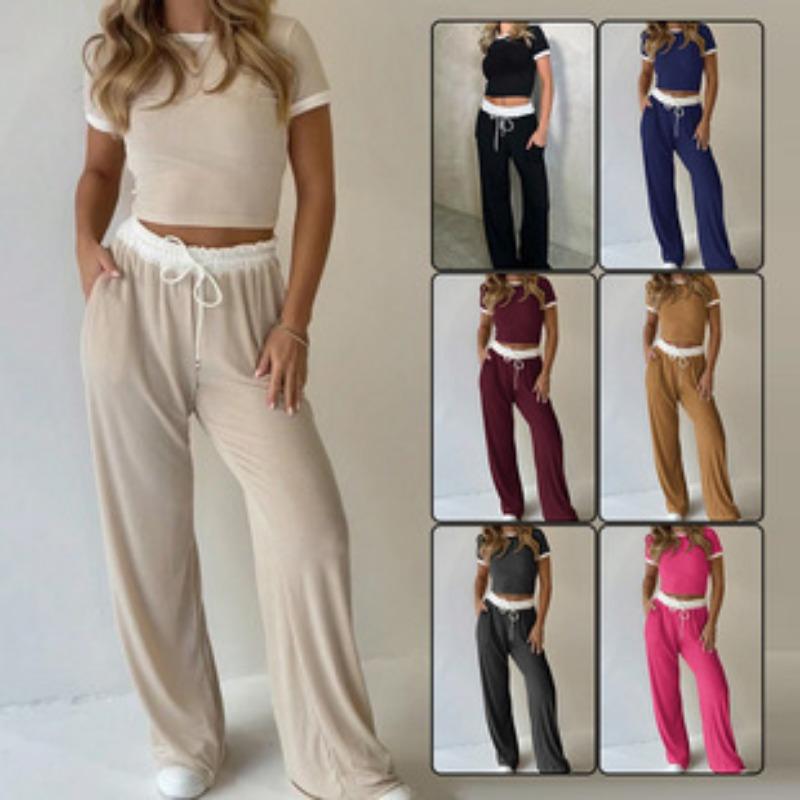 Womens Casual Short Sleeve Top And Wide Leg Pants Set