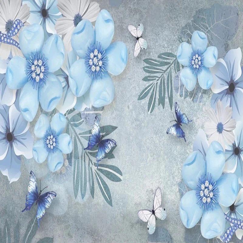 Photo Wallpaper European Style Beautiful Blue 3d Stereo Jewelry Flower Mural Living Room Tv Sofa Background Wall Mural