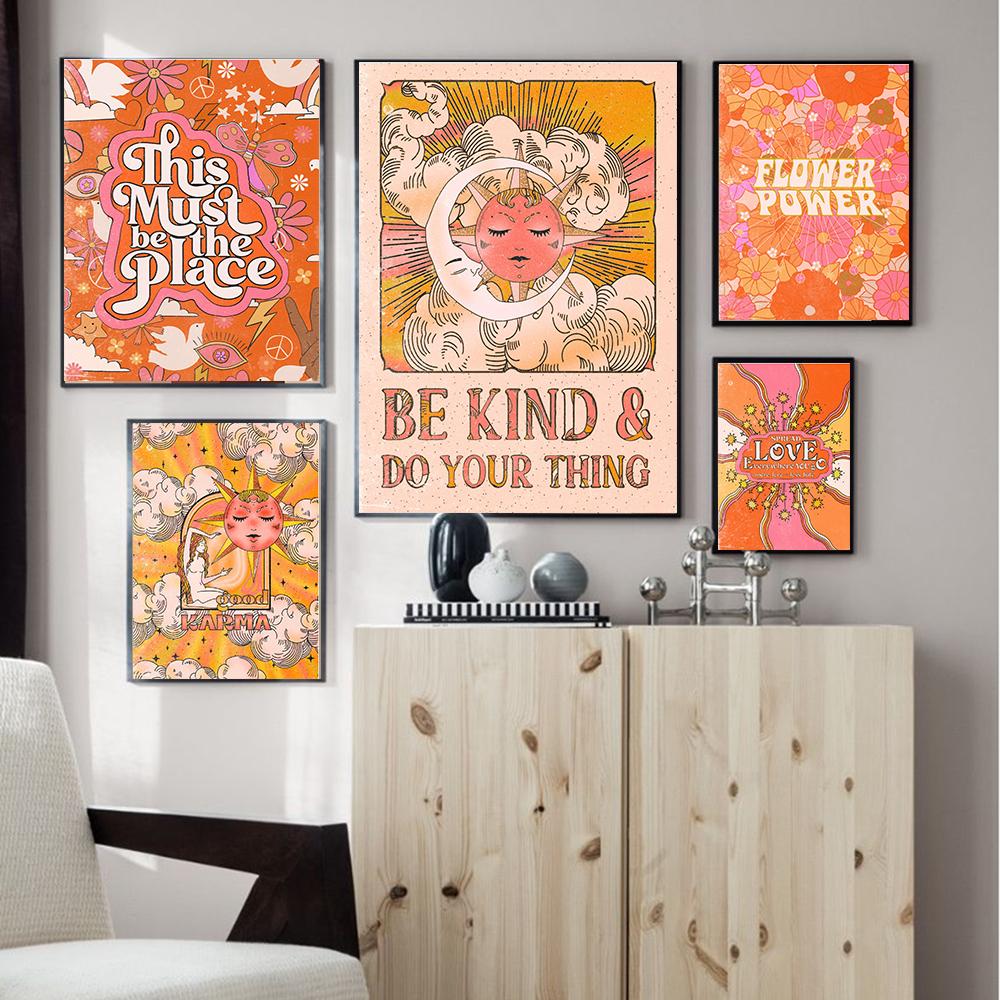 Plakát a tisk bohyně slunce a měsíce Boho Buď laskavý a udělej svou věc Citát Obraz na plátně Flower Power Moderní obývací pokoj