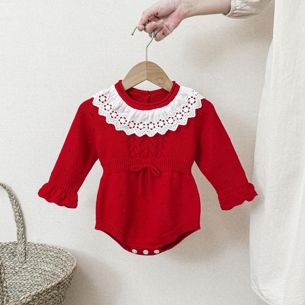 Baumwoll-Spitzenbesatz Strick-Body für Babymädchen mit Rüschenkragen