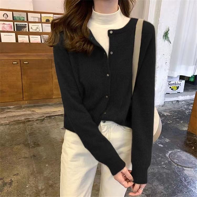 Women's long-sleeved sweater Autumn Loose and versatile sweater pure colour short version