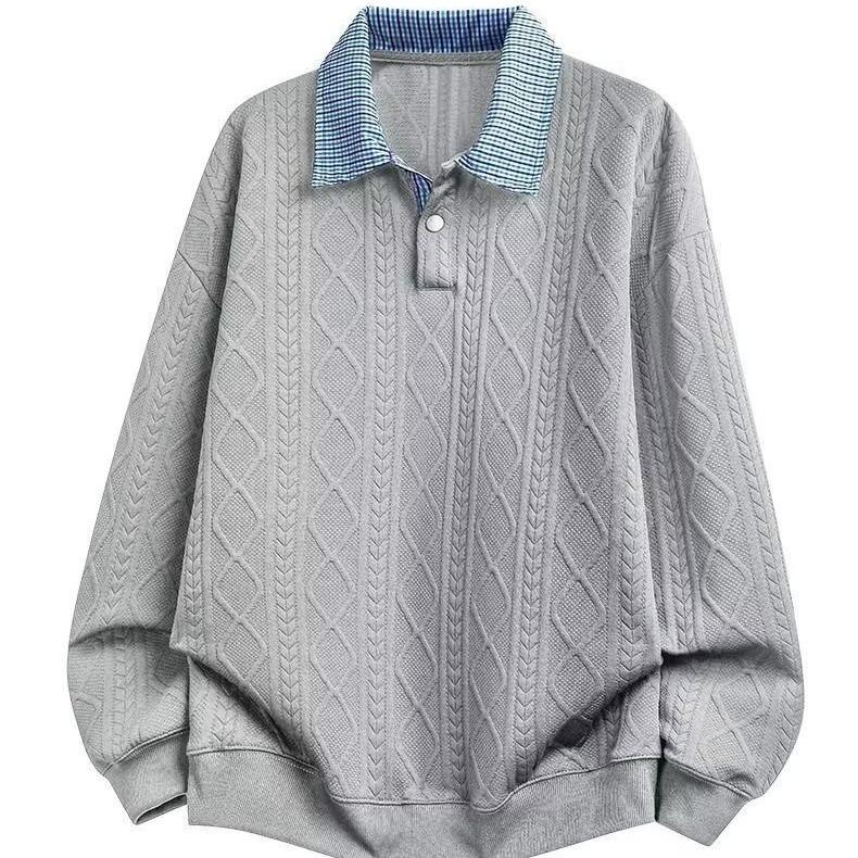 Men s Trendy Plaid Two-Piece Look Polo Collar Long Sleeve Pullover 4XL серый