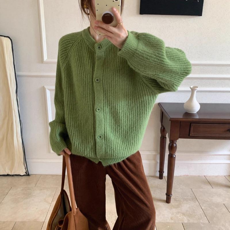 Lazy Wind Thick Needle Crew Neck Sweater Jacket Women's Autumn and Winter New Loose Thickened Soft Waxy Knitted Cardigan Top