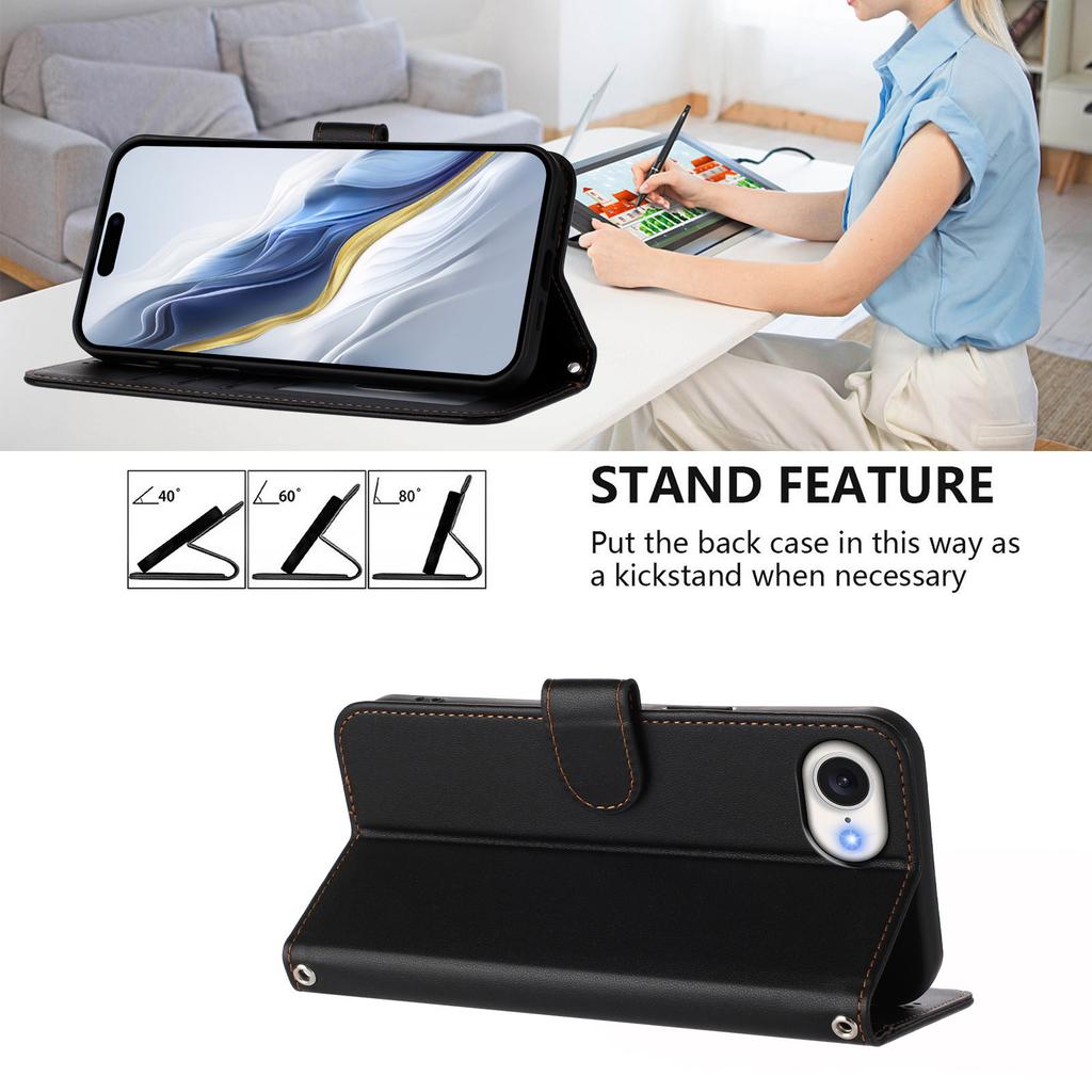 For iPhone 16e Leather Case Wallet Stand Phone Cover with Wrist Strap