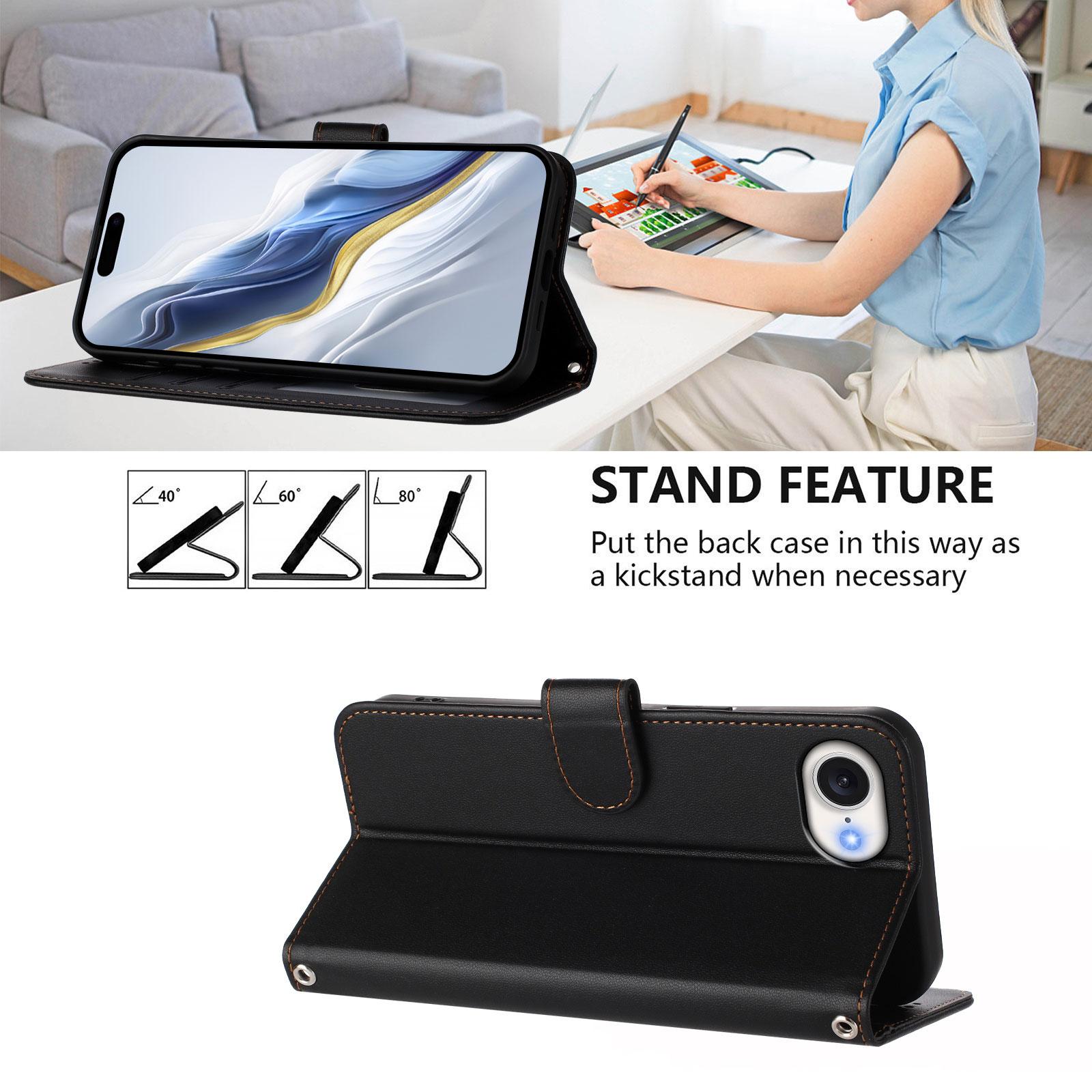 

For iPhone 16e Leather Case Wallet Stand Phone Cover with Wrist Strap Black