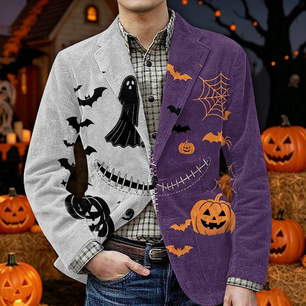 Men's Corduroy Jacket with Halloween Print, Warm, Pockets for Casual Daily Wear