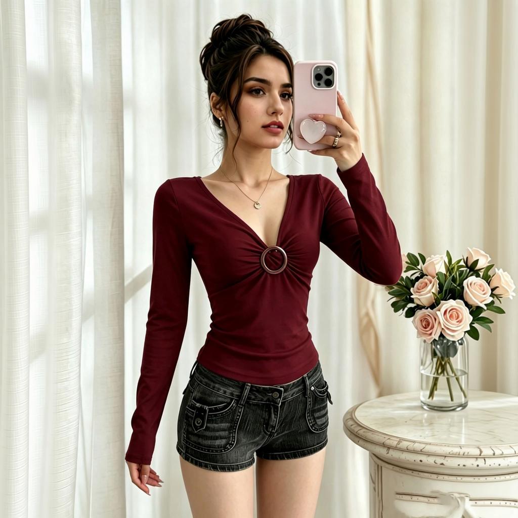 Women's Elegant V-Neck Long Sleeve Top with Pleated Front and Belt Design, Slim Fit Color Blouse