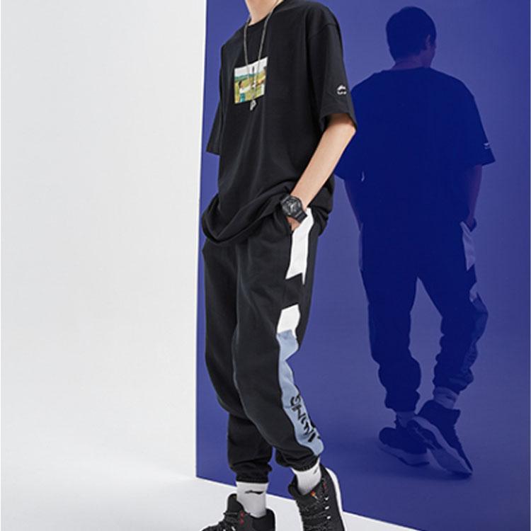 Li Ning Color Block Printed Cuffed Sports Pants Men Bottoms Firestone-Blue AKLP847-4