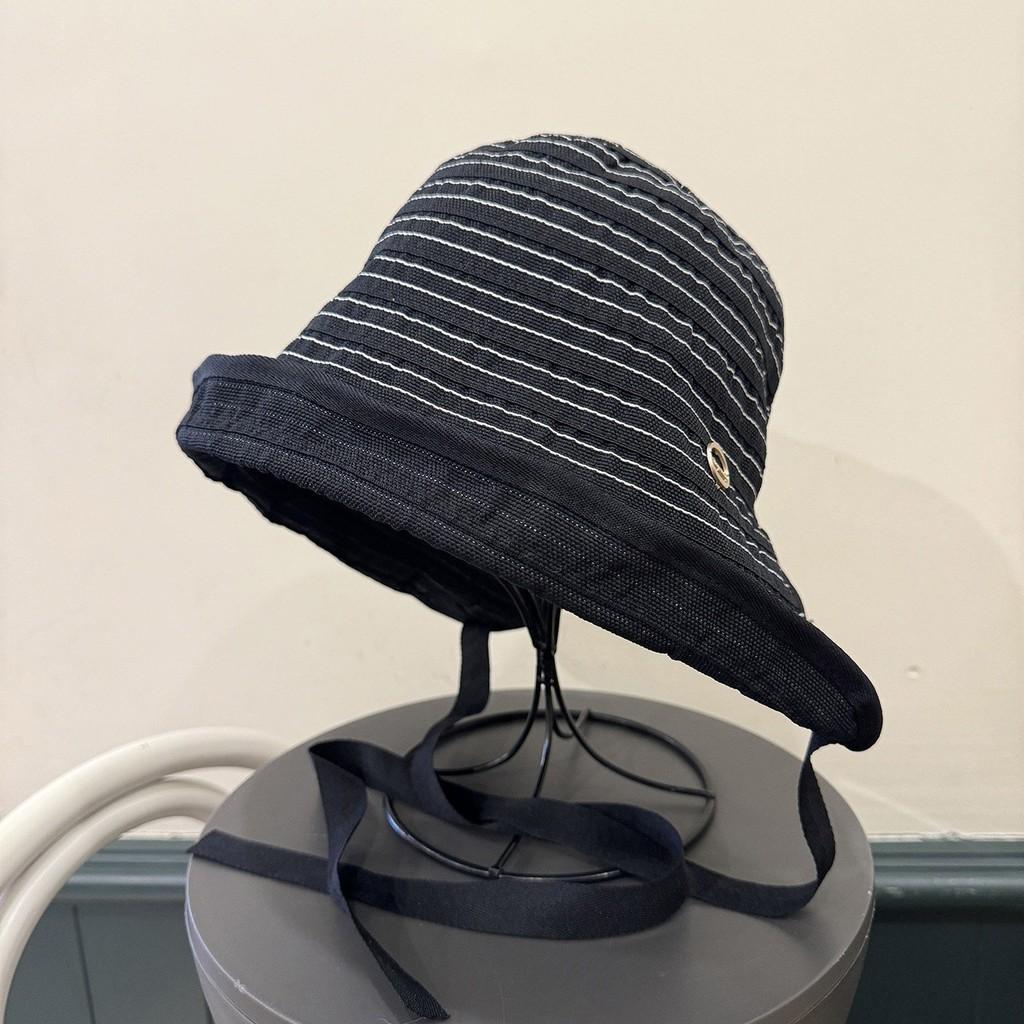Summer Sun Protection Fisherman Hat For Women With Wide Brim And Striped Cotton Material