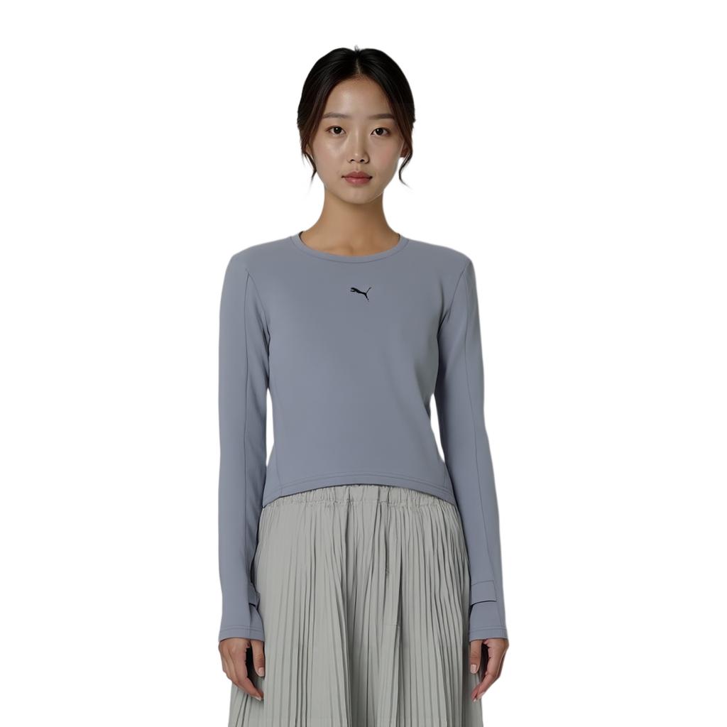 PUMA Slim Fit Round Neck Pullover Short Long Sleeve T-Shirt Women tops Gray 633246-89