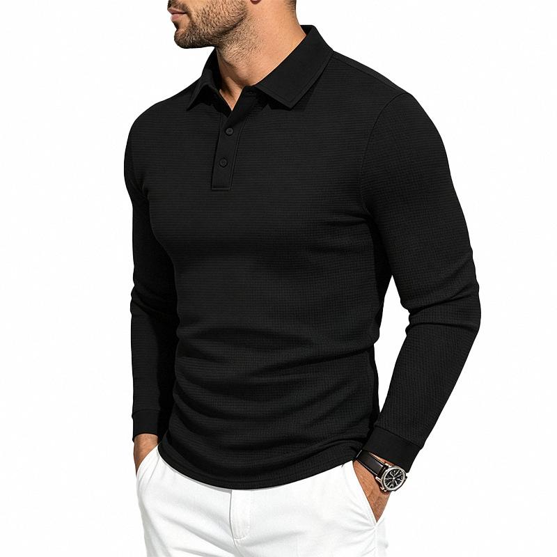 Men S Vintage Casual Waffle Knit Long Sleeve Polo Shirt