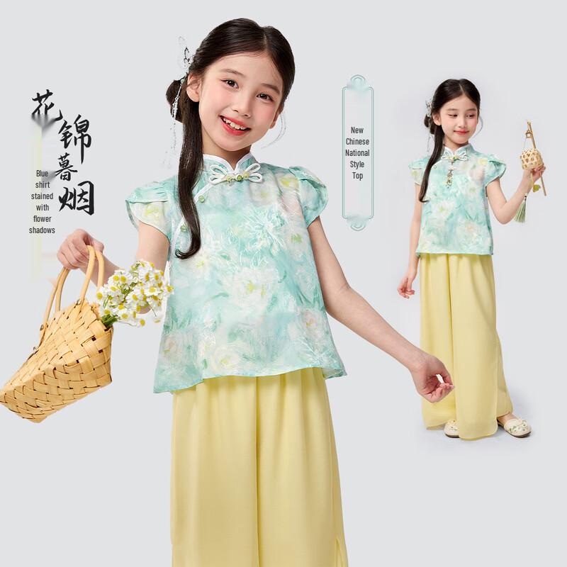 Girls  New Chinese Style Floral Short Sleeve Top L